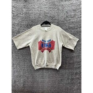 Vintage New York USA Graphic Distressed Sleeve Pullover Sweater Gray Mens Size L